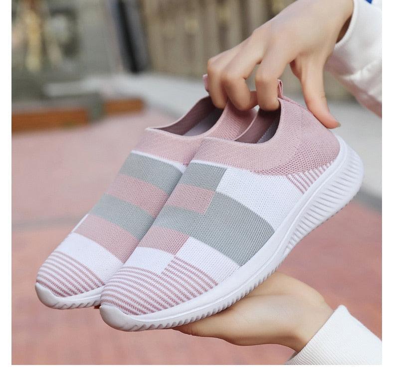 Stevvex knit slip-on sneakers pink gray striped upper white sole pair on Tampa Home & Garden Store