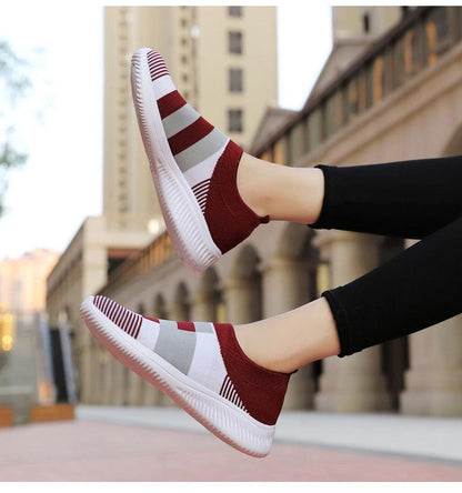 Stevvex knitted slip-on sneakers burgundy white gray mesh knit casual women's walking shoes on Tampa Home & Garden Store