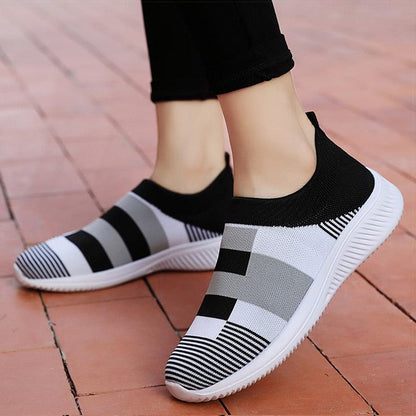 Stevvex women's knitted espadrille sneakers pair, mix-color slip-on, mesh upper, white sole on Tampa Home & Garden Store