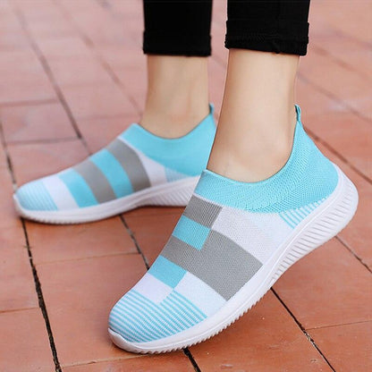 Stevvex women's knit slip-on sneakers in light blue with gray blocks on Tampa Home & Garden Store