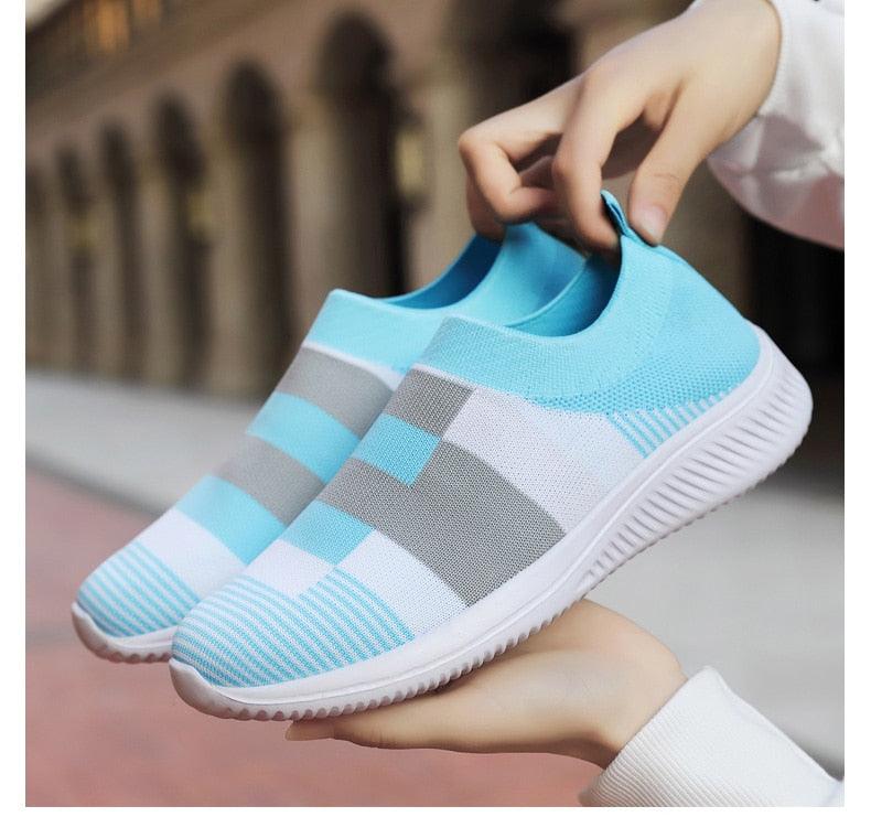 Stevvex women knit slip-on sneakers with blue gray white blocks casual running shoes on Tampa Home & Garden Store