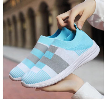 Stevvex women knit slip-on sneakers with blue gray white blocks casual running shoes on Tampa Home & Garden Store