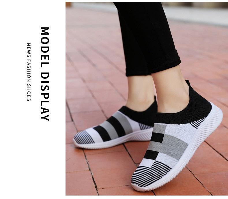 Stevvex women slip-on knitted sneakers with black white striped mesh upper casual espadrille on Tampa Home & Garden Store