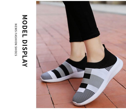 Stevvex women slip-on knitted sneakers with black white striped mesh upper casual espadrille on Tampa Home & Garden Store