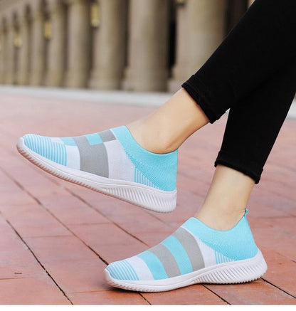Stevvex women's knitted slip-on sneakers in pastel blue, white, and gray sock-style on Tampa Home & Garden Store