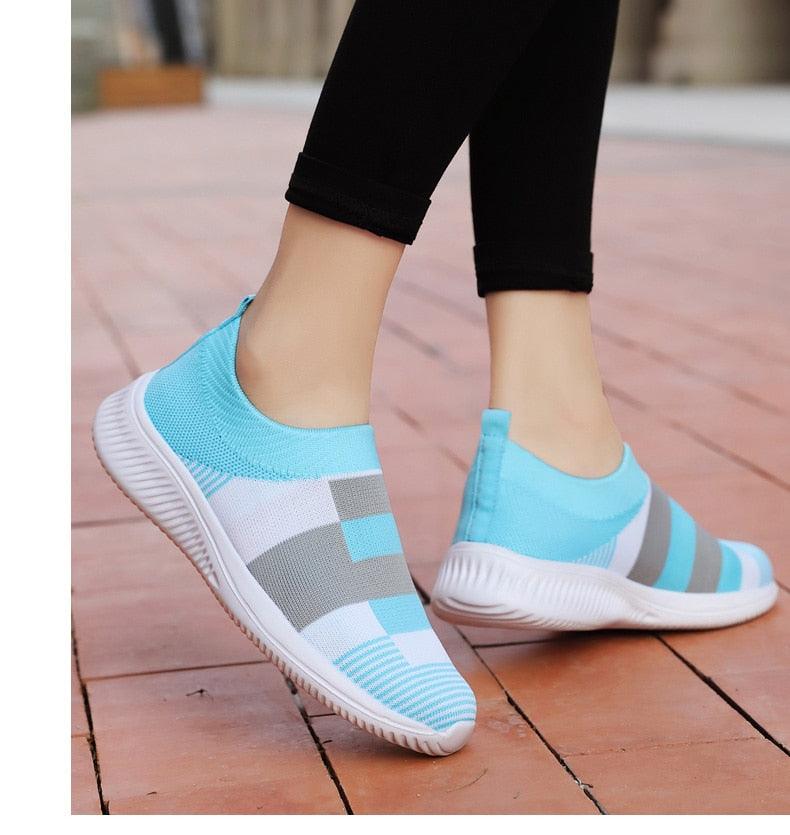 Stevvex women’s knit mesh sneakers light blue slip-on with gray white stripes walking shoes on Tampa Home & Garden Store