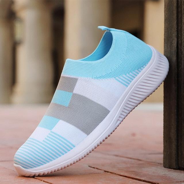 Stevvex women's knitted slip-on sneakers light blue with white and gray color-block mesh upper on Tampa Home & Garden Store