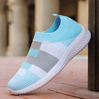 Stevvex women's knitted slip-on sneakers light blue with white and gray color-block mesh upper on Tampa Home & Garden Store