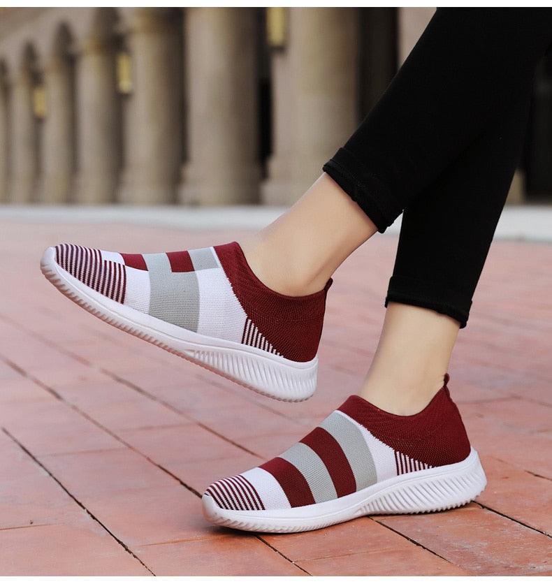 Stevvex women's slip-on knitted sneakers with mix-color mesh knit and white sole on Tampa Home & Garden Store