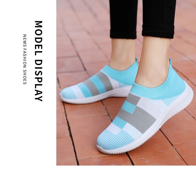 Stevvex women's knit slip-on sneakers in blue gray color-block mesh upper with white sole on Tampa Home & Garden Store