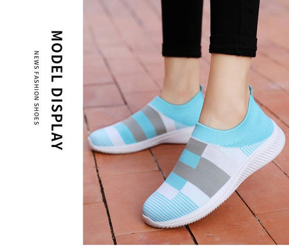 Stevvex women's knit slip-on sneakers in blue gray color-block mesh upper with white sole on Tampa Home & Garden Store