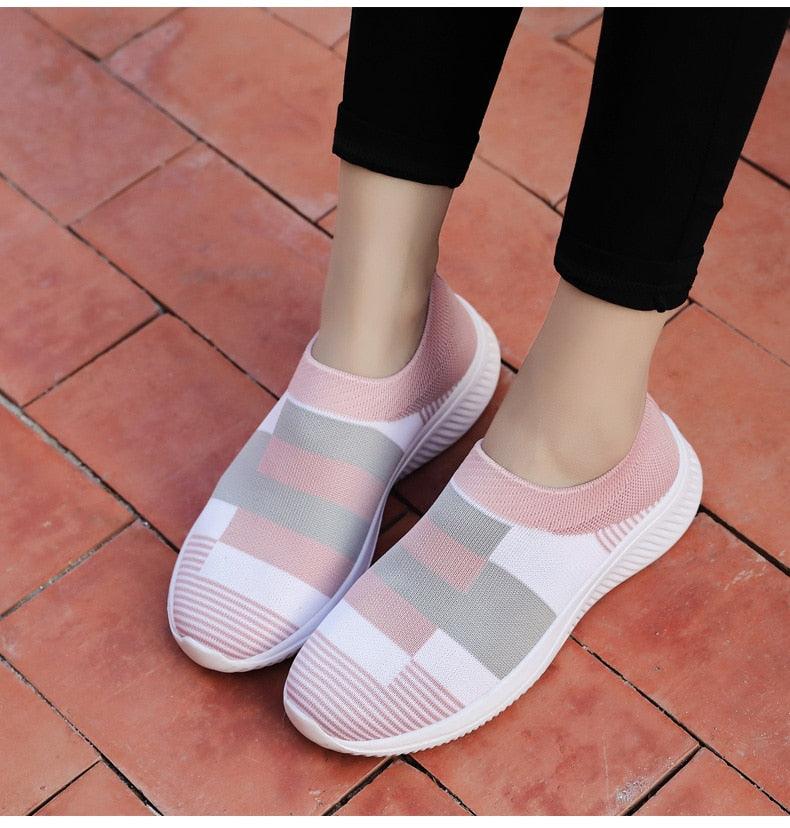Stevvex women's knitted slip-on espadrille sneakers in pastel pink gray, breathable mesh upper on Tampa Home & Garden Store