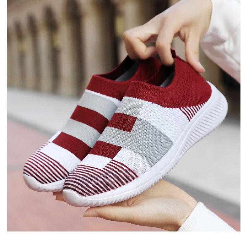 Women's knitted slip-on sneakers by Stevvex, red white gray, casual walking shoes, pair on Tampa Home & Garden Store
