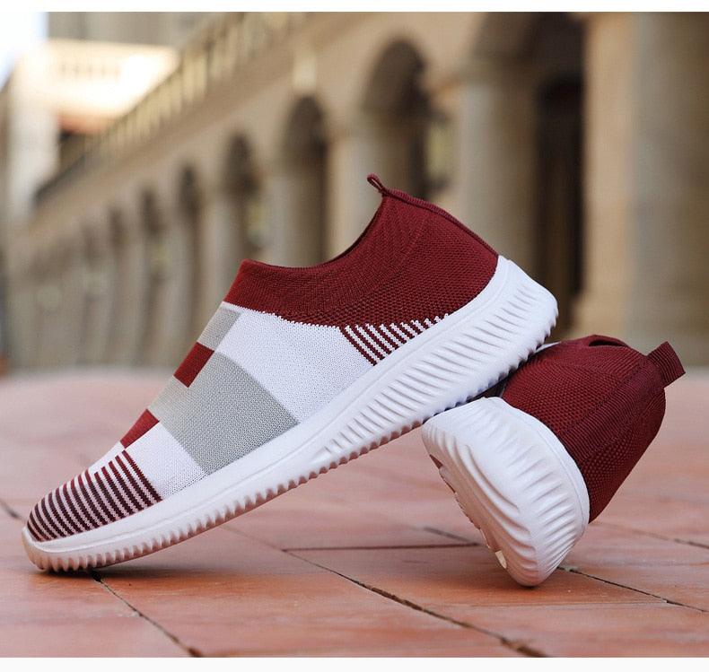 Women's slip-on knitted sneakers maroon with white sole by Stevvex, pair of walking shoes on Tampa Home & Garden Store