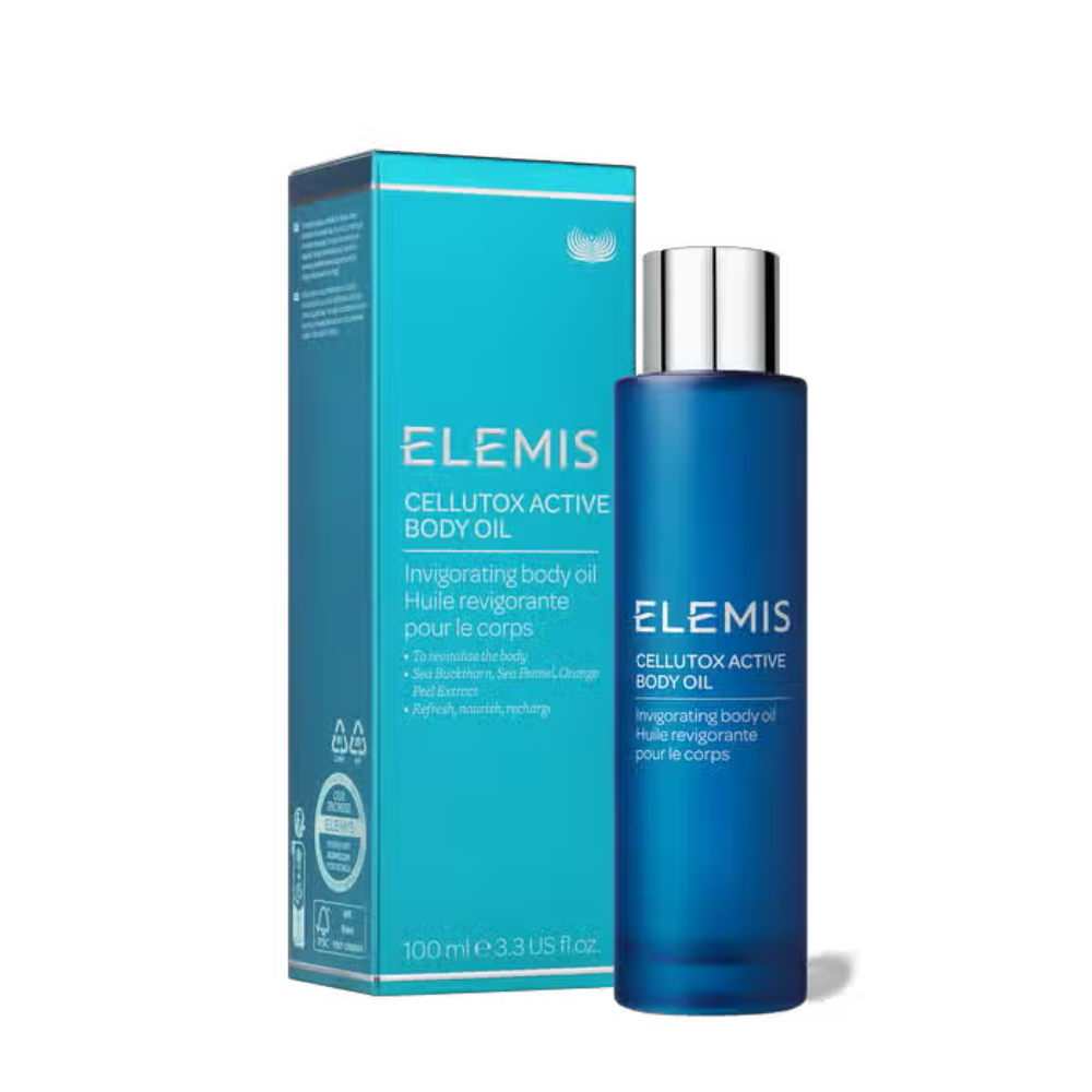 Elemis Cellutox Active Body Oil bottle and turquoise box, 100 ml on Tampa Home & Garden Store