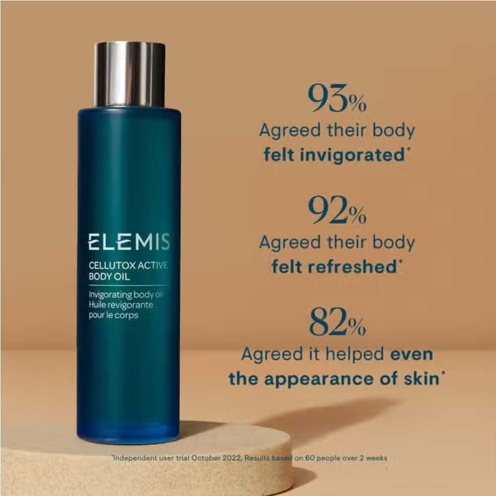 Elemis Cellutox Active Body Oil 100 ml dark teal glass bottle with silver cap on Tampa Home & Garden Store