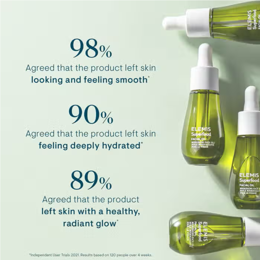 Elemis Superfood Facial Oil 15ml Nava Beauty, green glass dropper bottles on Tampa Home & Garden Store