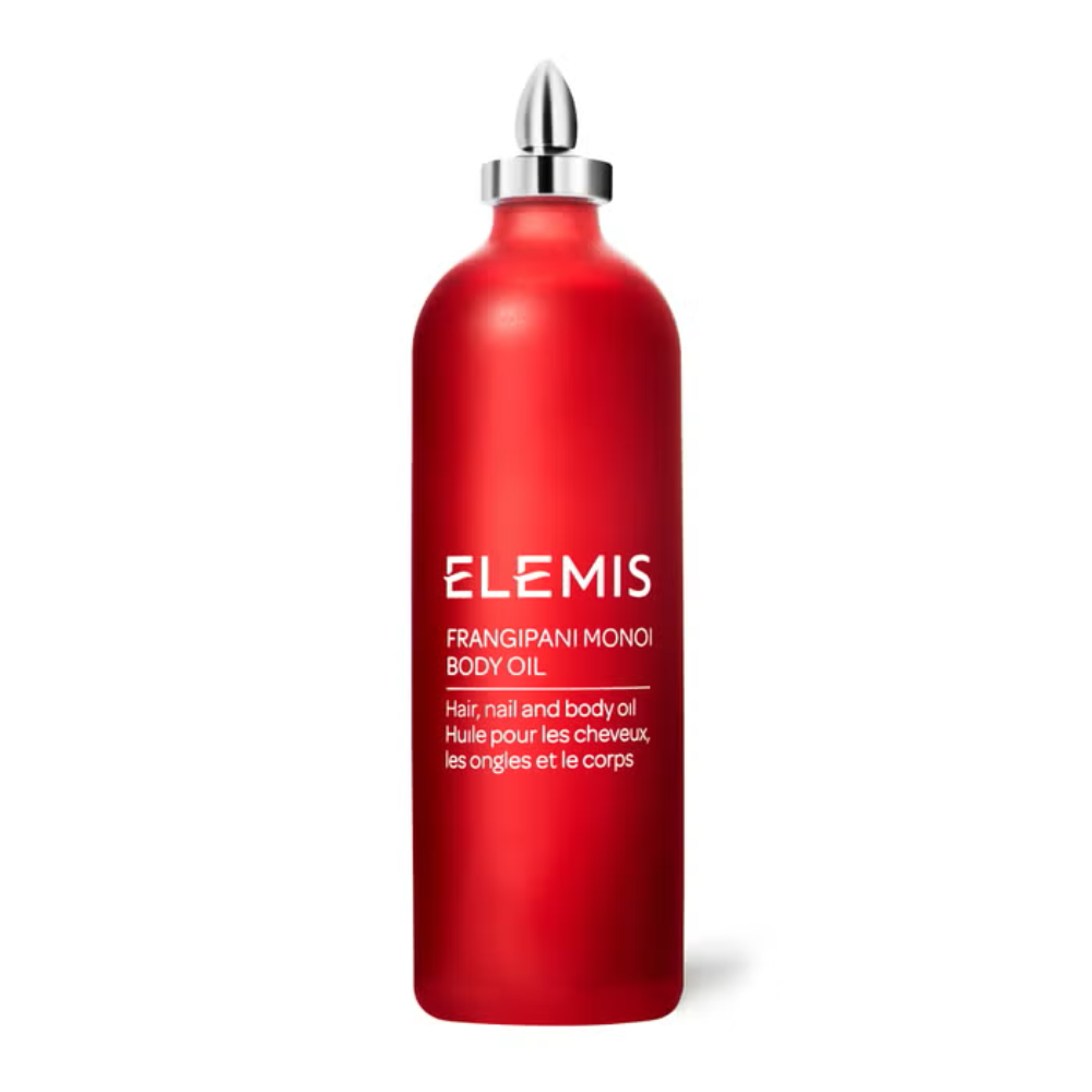 Elemis Frangipani Monoi Body Oil bottle red with a silver cap 100 ml on Tampa Home & Garden Store