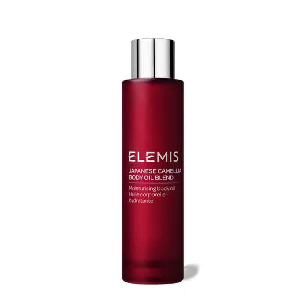 Elemis Japanese Camellia Body Oil Blend bottle, red with silver cap, 100 ml on Tampa Home & Garden Store