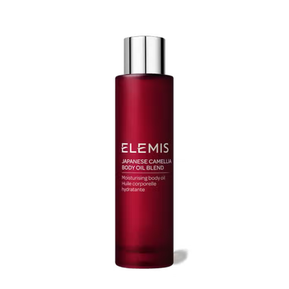 Elemis Japanese Camellia Body Oil Blend bottle, red with silver cap, 100 ml on Tampa Home & Garden Store