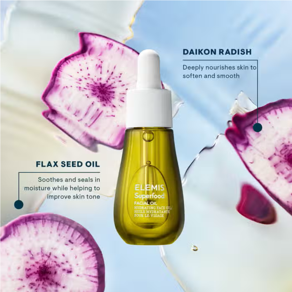Elemis Superfood Facial Oil bottle with dropper, golden oil beside radish slices on Tampa Home & Garden Store