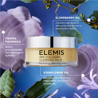 Elemis Pro-Collagen Cleansing Balm 100g jar with beige balm and silver lid, blue floral backdrop on Tampa Home & Garden Store