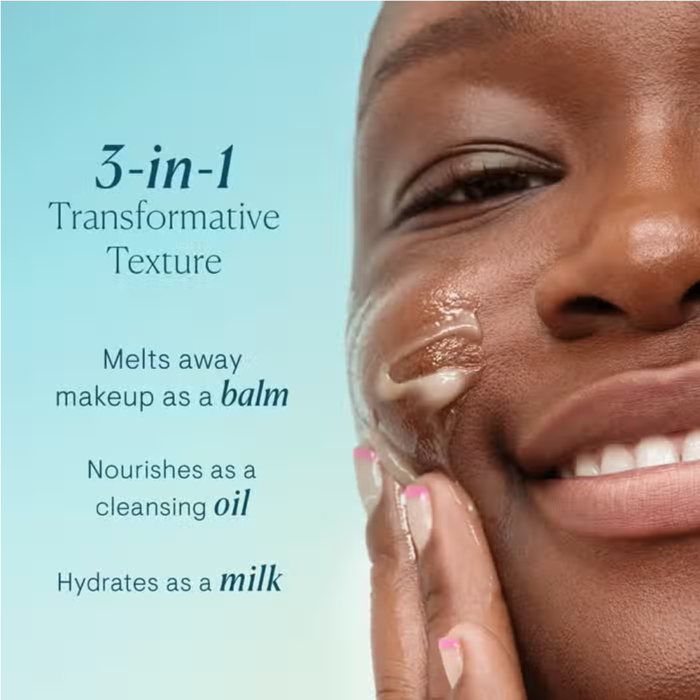 Elemis Pro-Collagen Cleansing Balm 100g balm; silky balm on model's cheek with turquoise backdrop Nava Beauty on Tampa Home & Garden Store