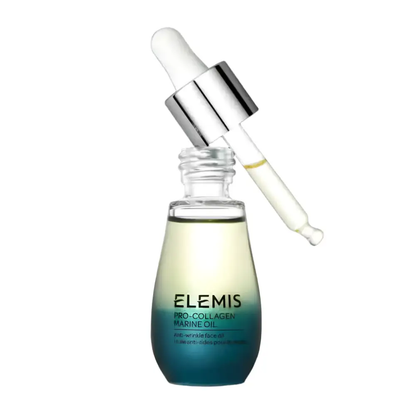 Elemis Pro-Collagen Marine Oil 15 ml bottle with glass dropper, blue gradient packaging on Tampa Home & Garden Store