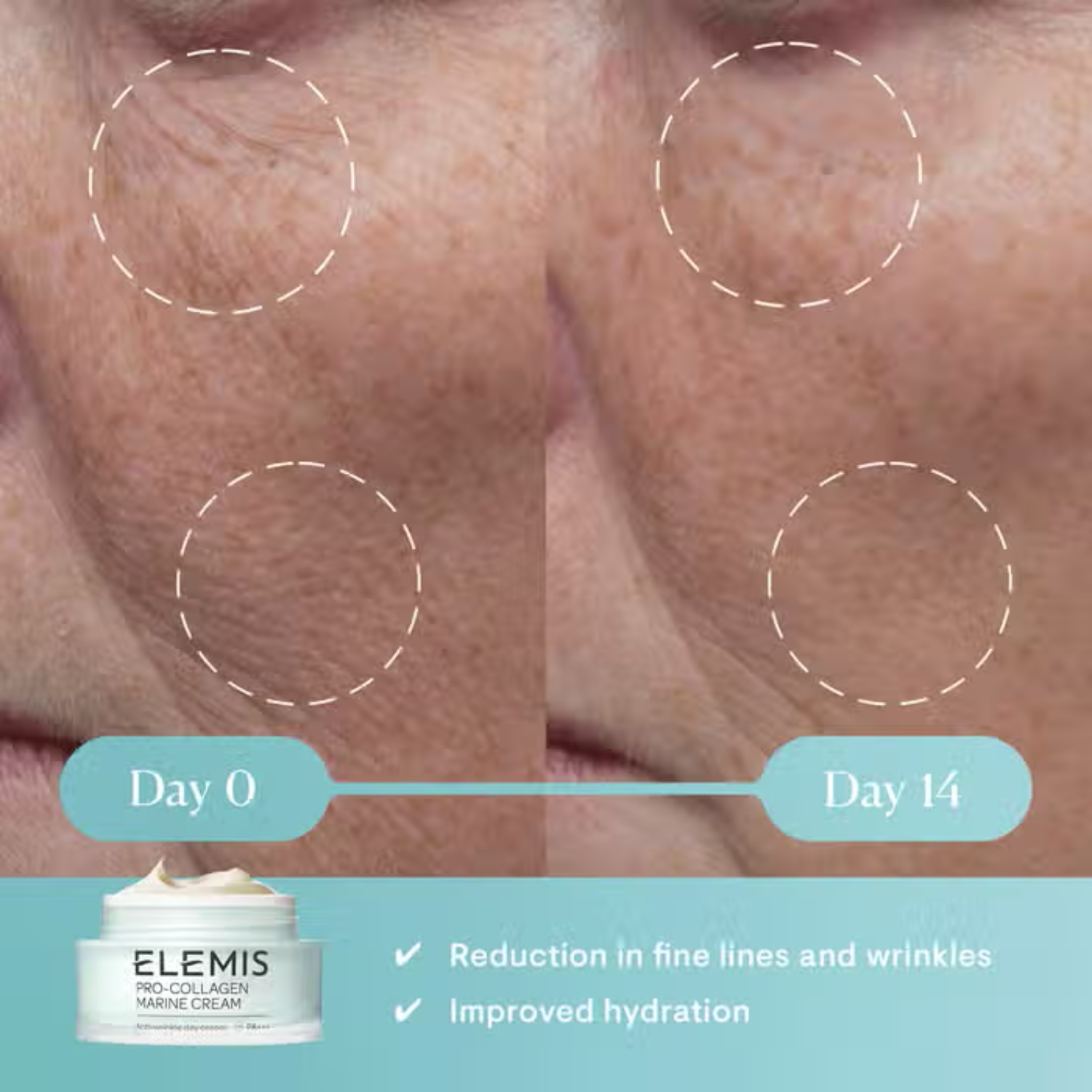 Elemis Pro-Collagen Marine Cream jar with Day 0 vs Day 14, Nava Beauty 50ml on Tampa Home & Garden Store
