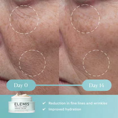 Elemis Pro-Collagen Marine Cream jar with Day 0 vs Day 14, Nava Beauty 50ml on Tampa Home & Garden Store