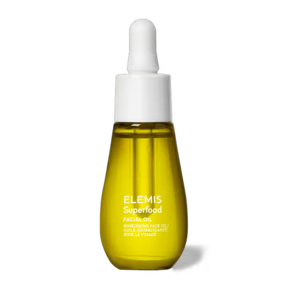 Elemis Superfood Facial Oil bottle with yellow oil and white dropper cap on Tampa Home & Garden Store