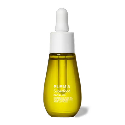 Elemis Superfood Facial Oil bottle with yellow oil and white dropper cap on Tampa Home & Garden Store