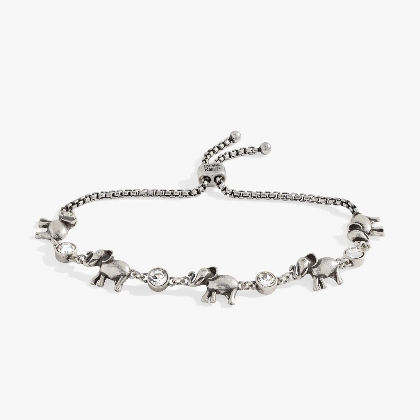 Elephant Crystal Bolo Bracelet by ALEX AND ANI with silver-tone elephant charms and crystals on Tampa Home & Garden Store