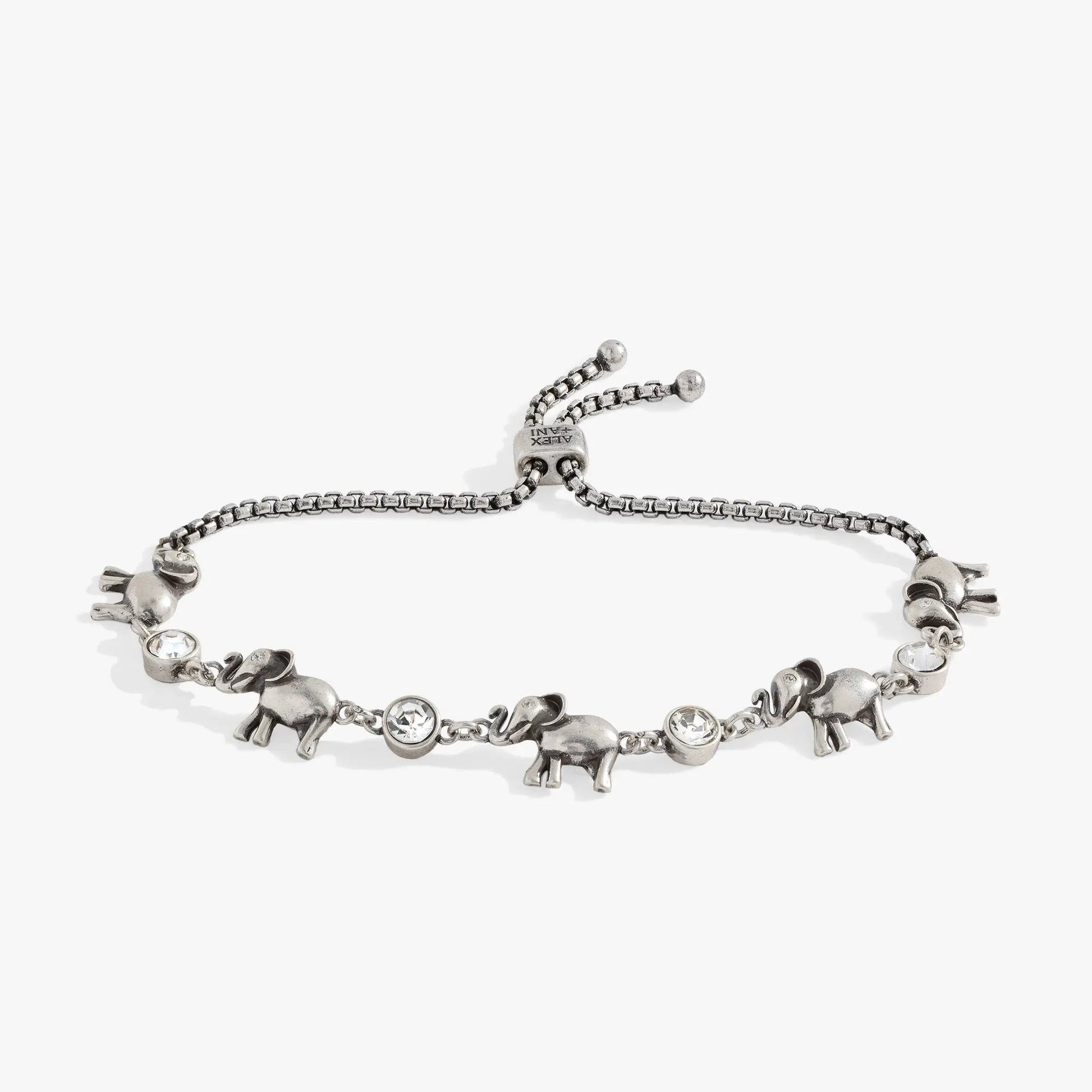 Elephant Crystal Bolo Bracelet by ALEX AND ANI with silver-tone elephant charms and crystals on Tampa Home & Garden Store