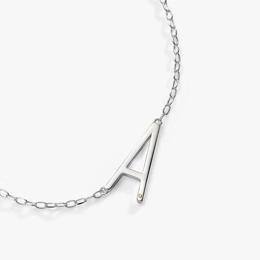 Initial A necklace by ALEX AND ANI with a silver elongated A pendant on a silver chain on Tampa Home & Garden Store