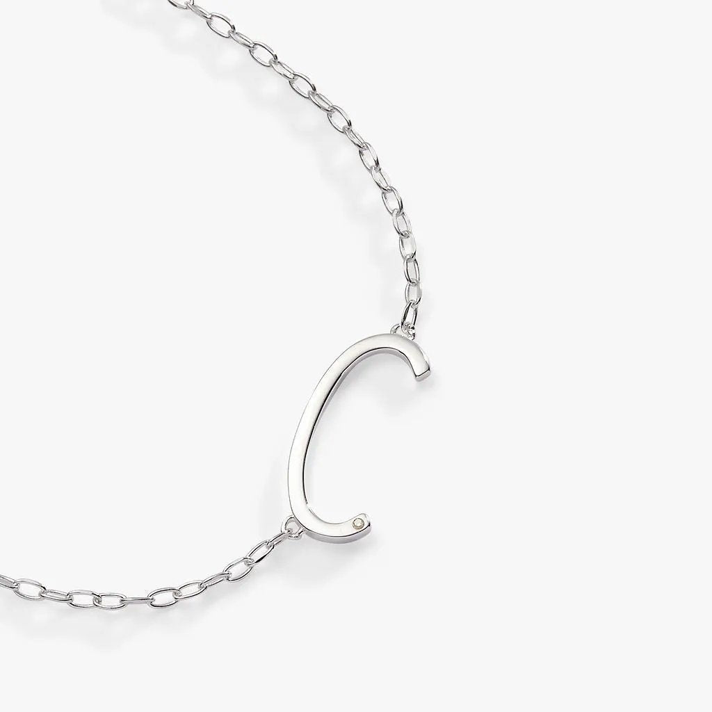 Initial C precious elongated necklace by ALEX AND ANI with silver-tone chain and curved C pendant on Tampa Home & Garden Store