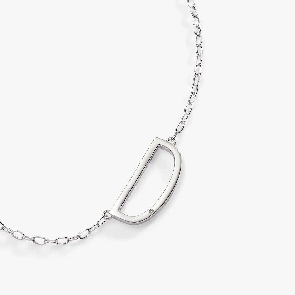 Initial D Precious Elongated Necklace by ALEX AND ANI in silver with open D pendant on chain on Tampa Home & Garden Store