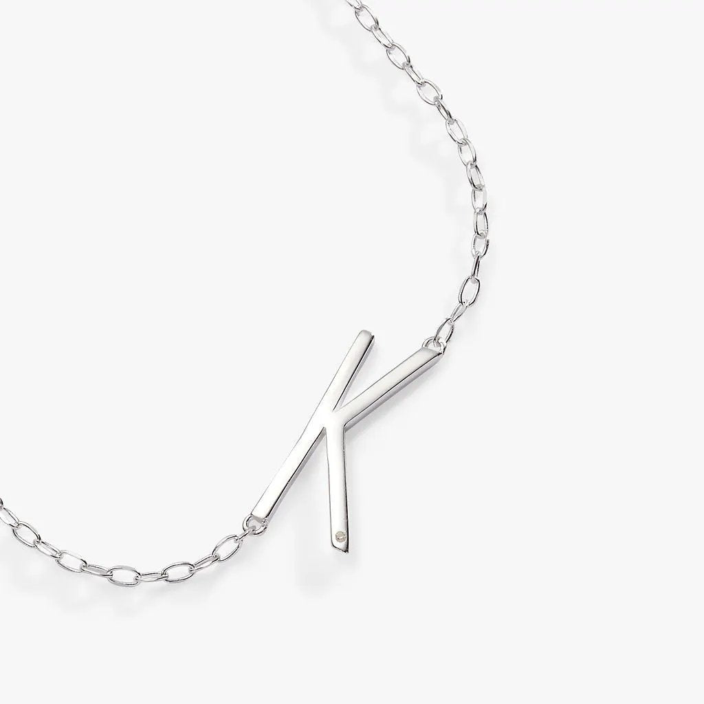 Initial K Precious Elongated Necklace by ALEX AND ANI in silver with a slim K pendant on chain on Tampa Home & Garden Store