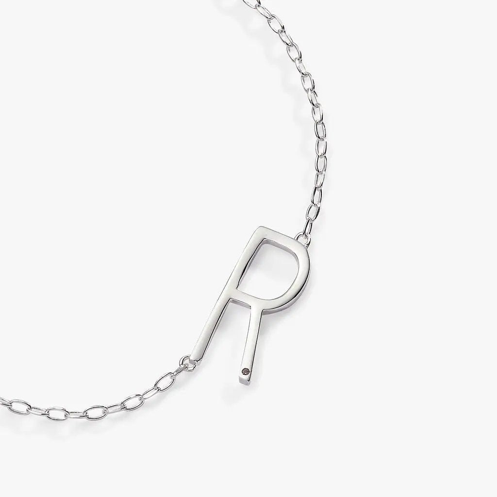 Initial R Elongated Necklace by ALEX AND ANI with silver open R pendant and delicate chain on Tampa Home & Garden Store