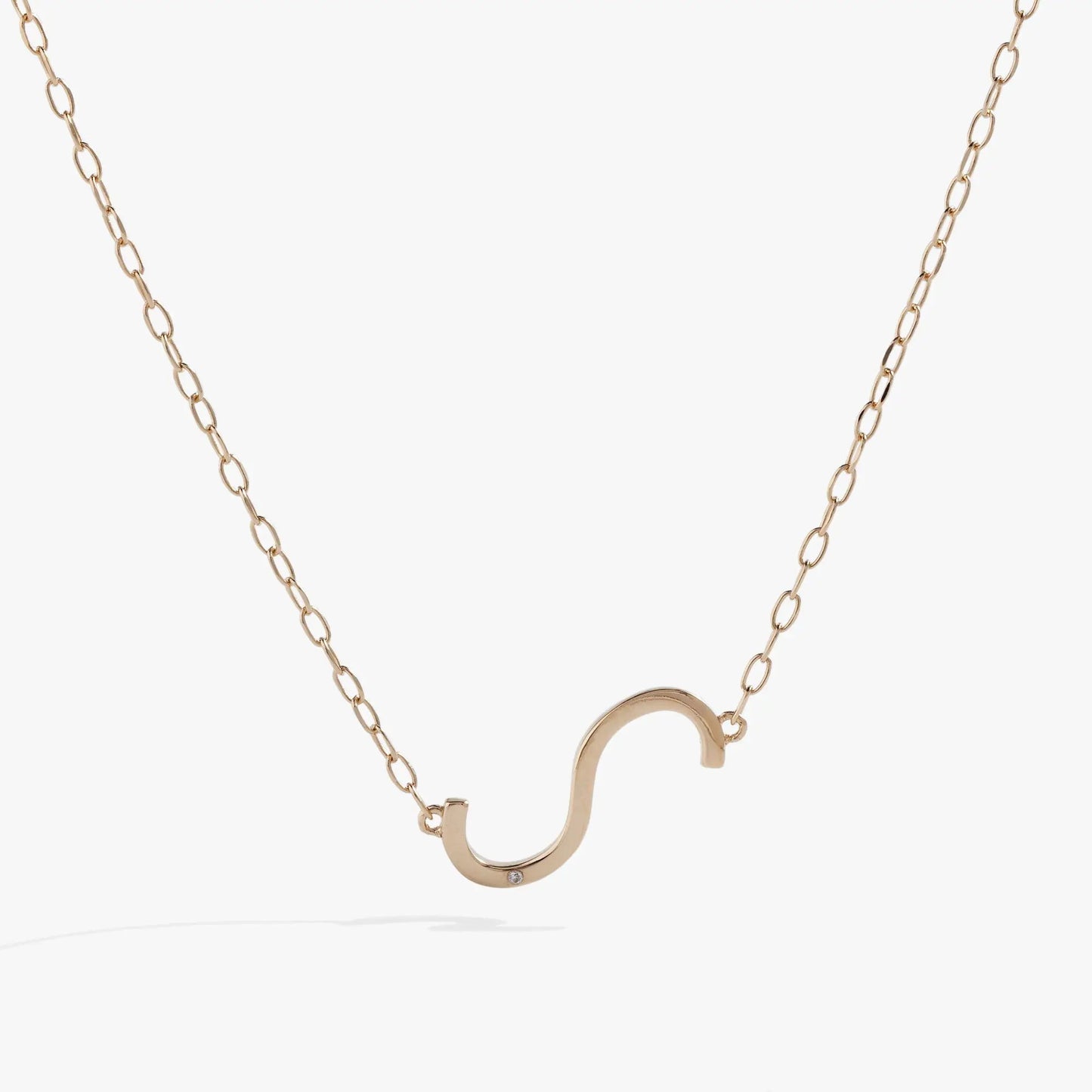Initial S Precious Elongated Necklace by ALEX AND ANI, gold-tone chain with curved S pendant on Tampa Home & Garden Store