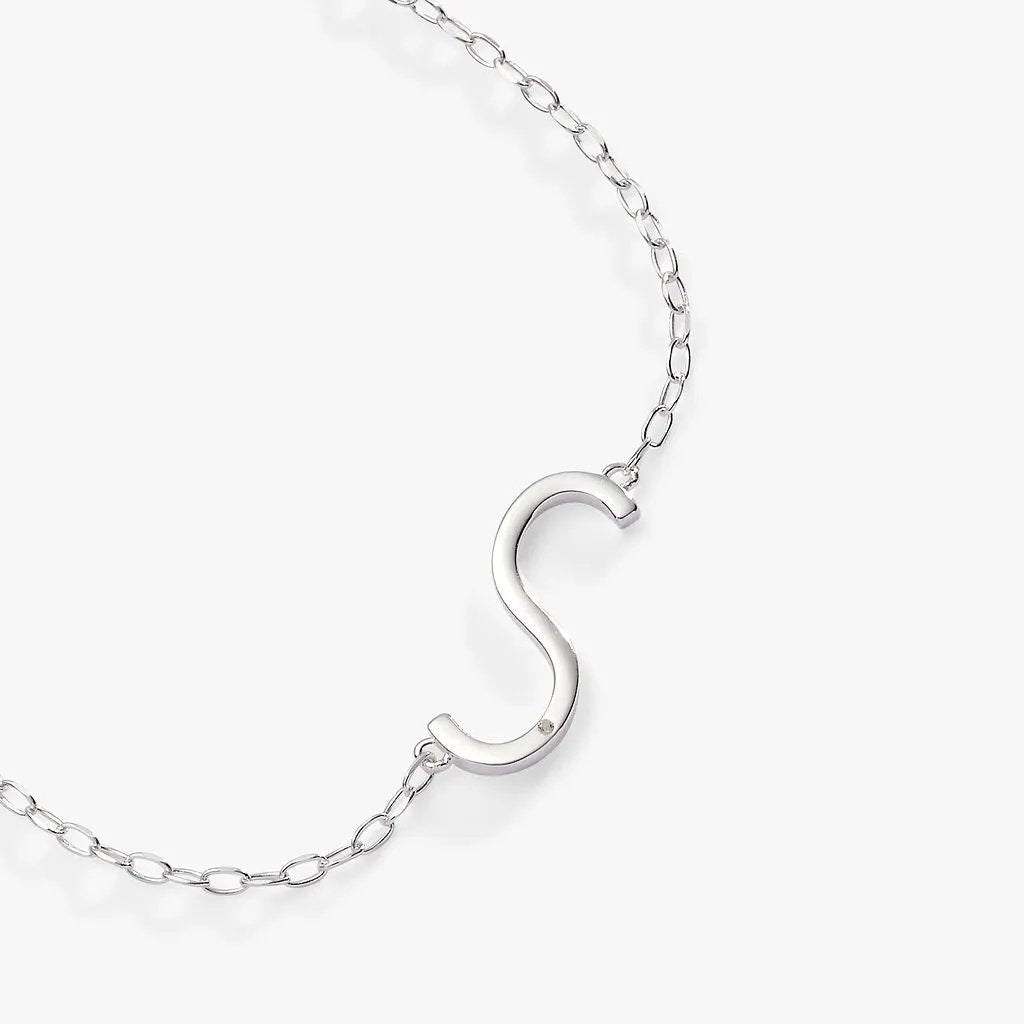 Initial S Precious Elongated Necklace by ALEX AND ANI, silver chain with curved S pendant on Tampa Home & Garden Store