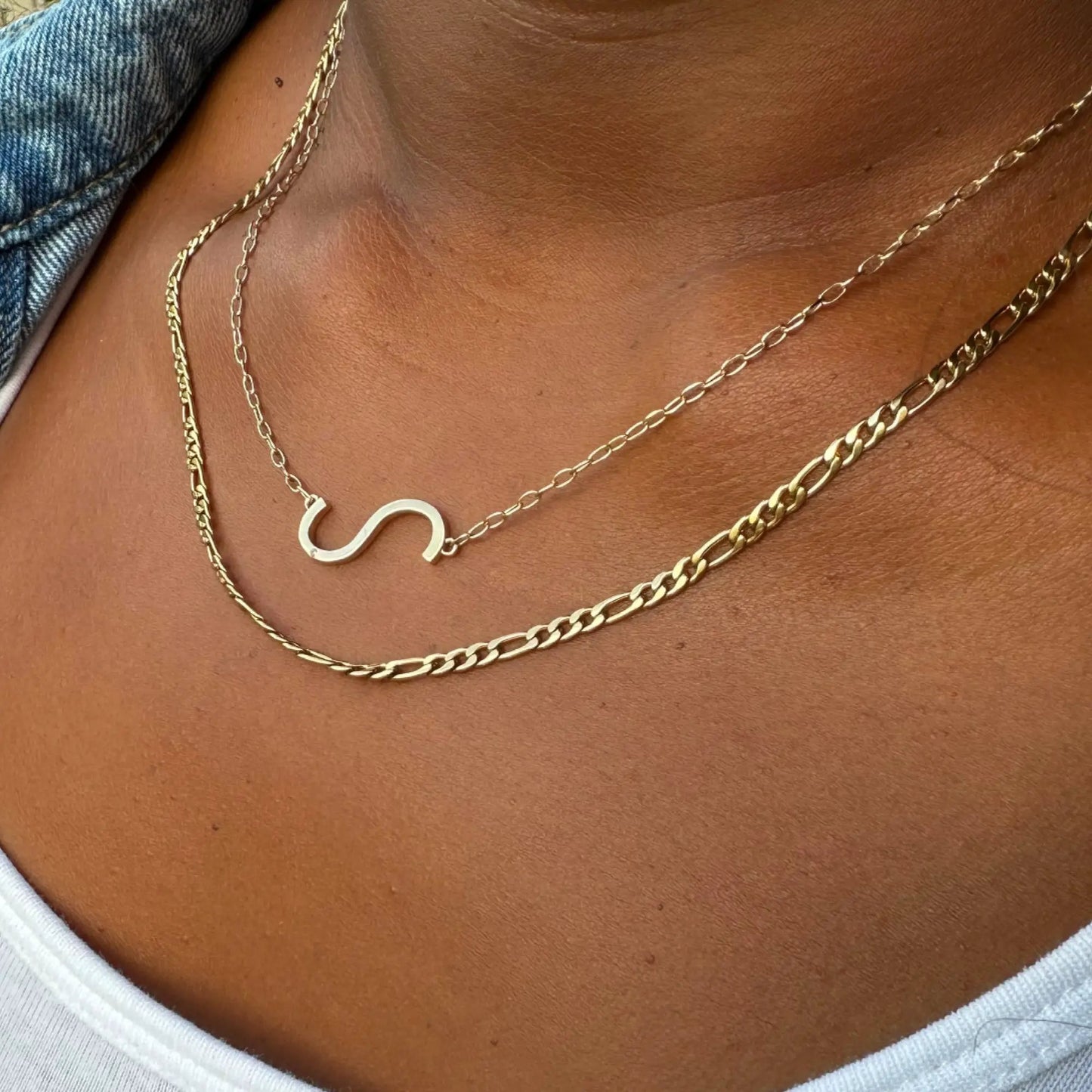 Initial S Precious Elongated Necklace with white S pendant on gold and silver chains on Tampa Home & Garden Store