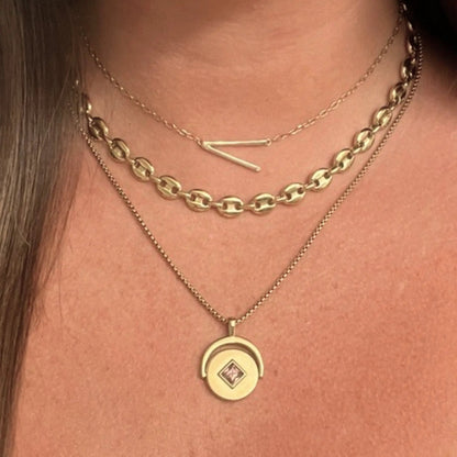 Initial V Precious Elongated Necklace by ALEX AND ANI, gold-tone bar pendant with layered chains on Tampa Home & Garden Store