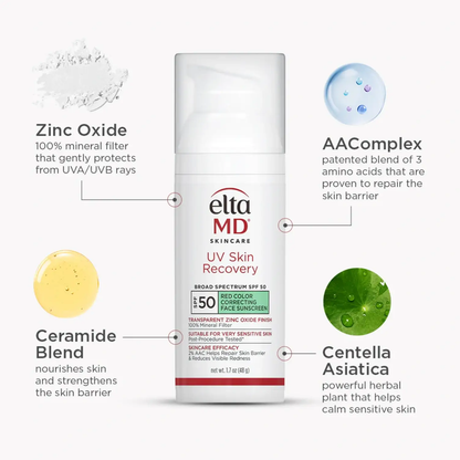 Sunscreen EltaMD UV Skin Recovery SPF 50 bottle with white pump by Nava Beauty green tint on Tampa Home & Garden Store