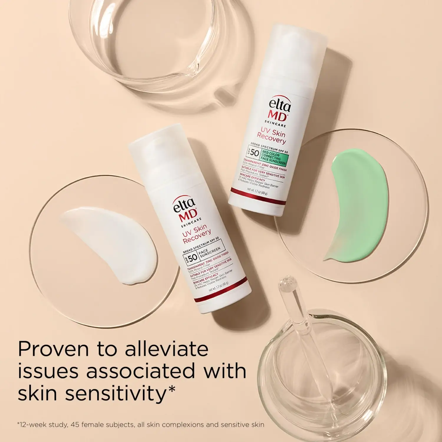 EltaMD UV Skin Recovery sunscreen bottles with green tint color correcting label SPF 50 on Tampa Home & Garden Store