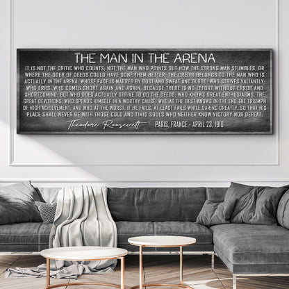 The Man In The Arena Sign VII canvas sign with dark background and white typography on Tampa Home & Garden Store