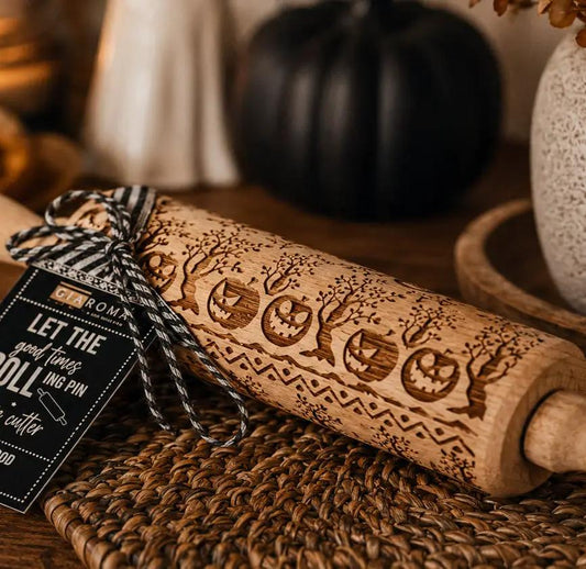 Halloween Rolling Pin Gia Roma wooden pin with carved pumpkins and trees pattern on Tampa Home & Garden Store