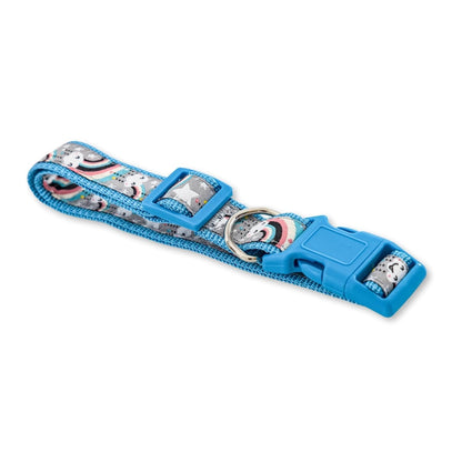 Collar de nailon para perro con diseño de arcoíris bordado, ajuste seguro y ajustable, cómodo de llevar.