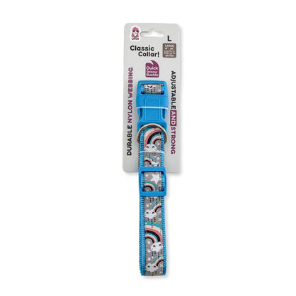 Collar de nailon para perro con diseño de arcoíris bordado, ajuste seguro y ajustable, cómodo de llevar.