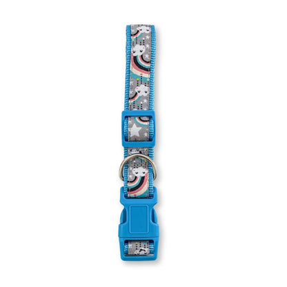 Collar de nailon para perro con diseño de arcoíris bordado, ajuste seguro y ajustable, cómodo de llevar.
